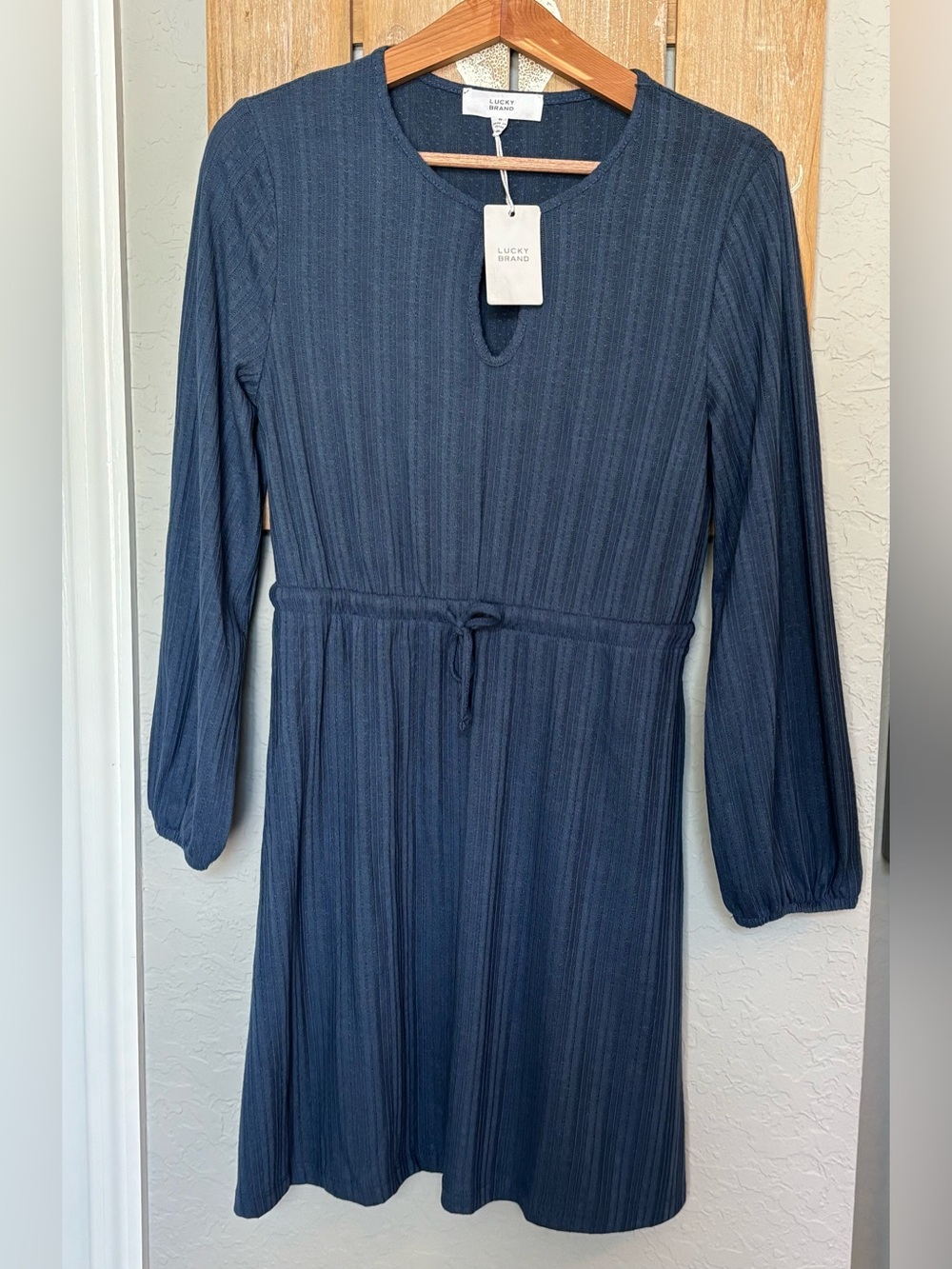 Lucky Brand Blue Ribbed Tie-Waist Long Sleeve Dress